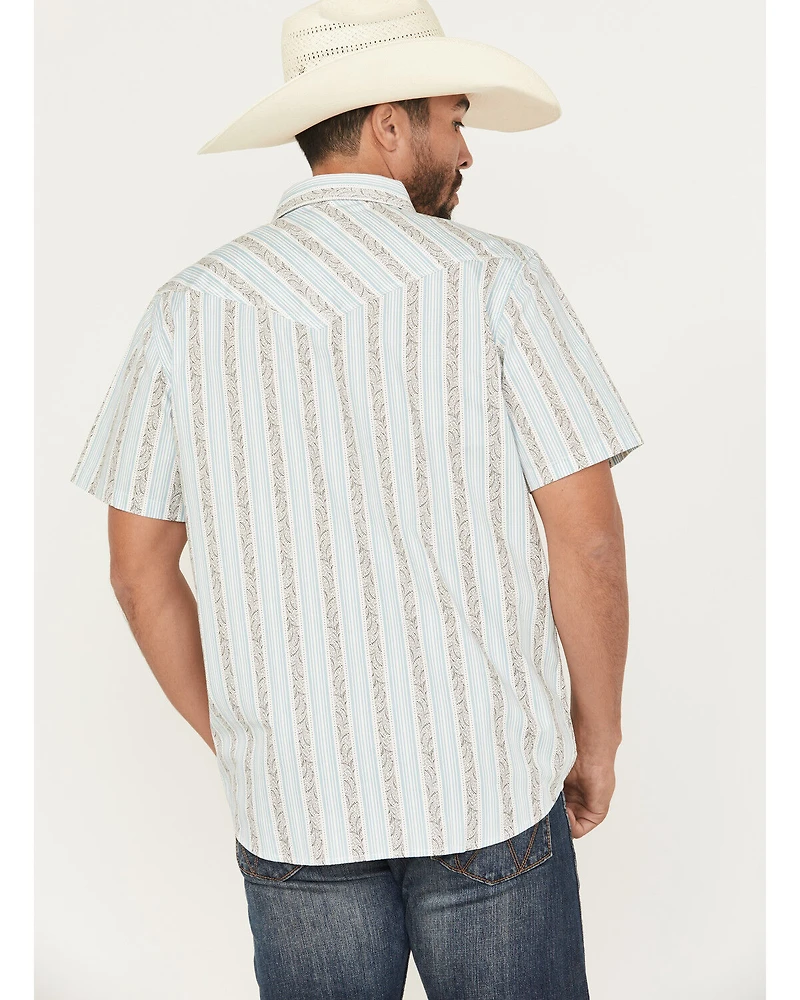 Moonshine Spirit Men's Hula Girl Floral Striped Print Short Sleeve Snap Western Shirt