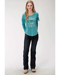 Roper Women's Solid Blue Feather Graphic Long Sleeve Top