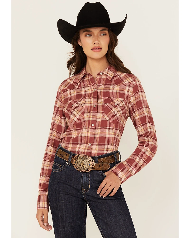 Wrangler Retro Women's Apple Butter Plaid Print Long Sleeve Pearl Snap Flannel Shirt