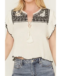 Free People Women's Ribbed Short Sleeve Embroidered Shirt