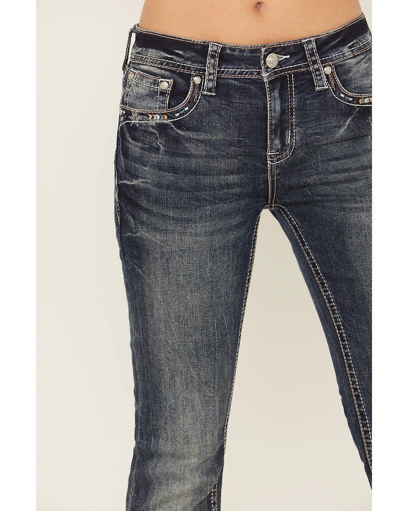 Grace LA Women's Medium Wash Steerhead Embroidered Bootcut Stretch Denim Jeans
