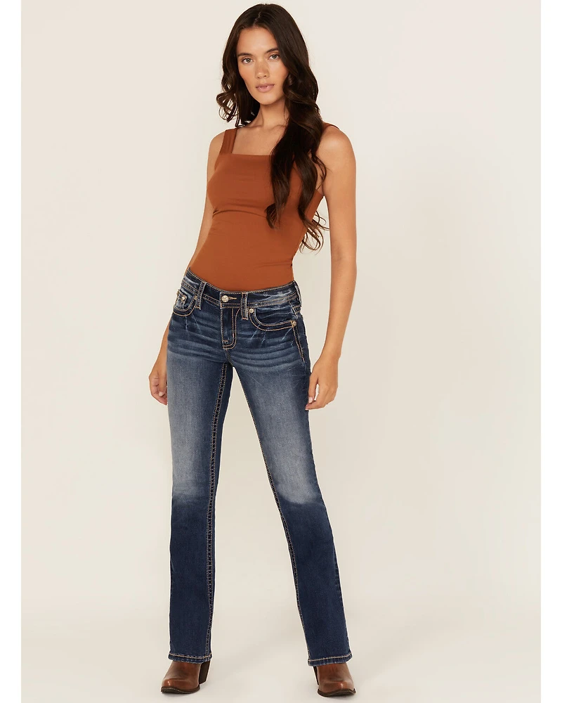 Miss Me Women's Dark Wash Mid Rise Leaf Pocket 32" Bootcut Stretch Denim Jeans