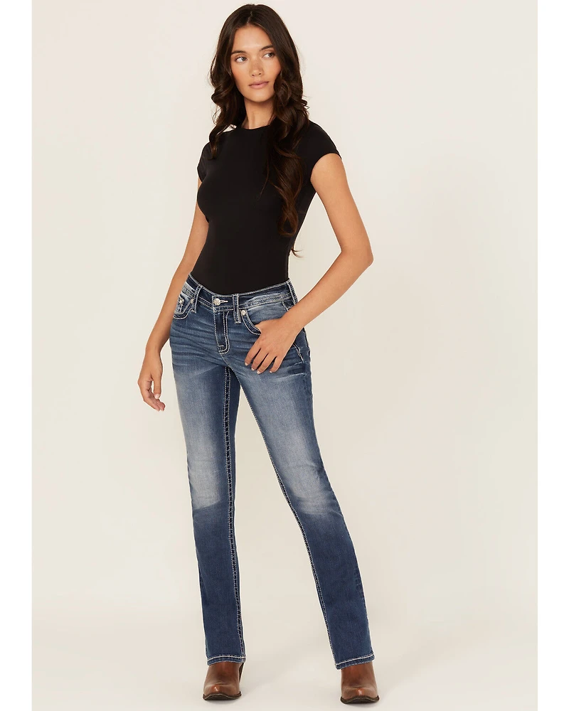 Miss Me Women's Dark Wash Mid Rise Cross Pocket Slim 32" Bootcut Stretch Denim Jeans