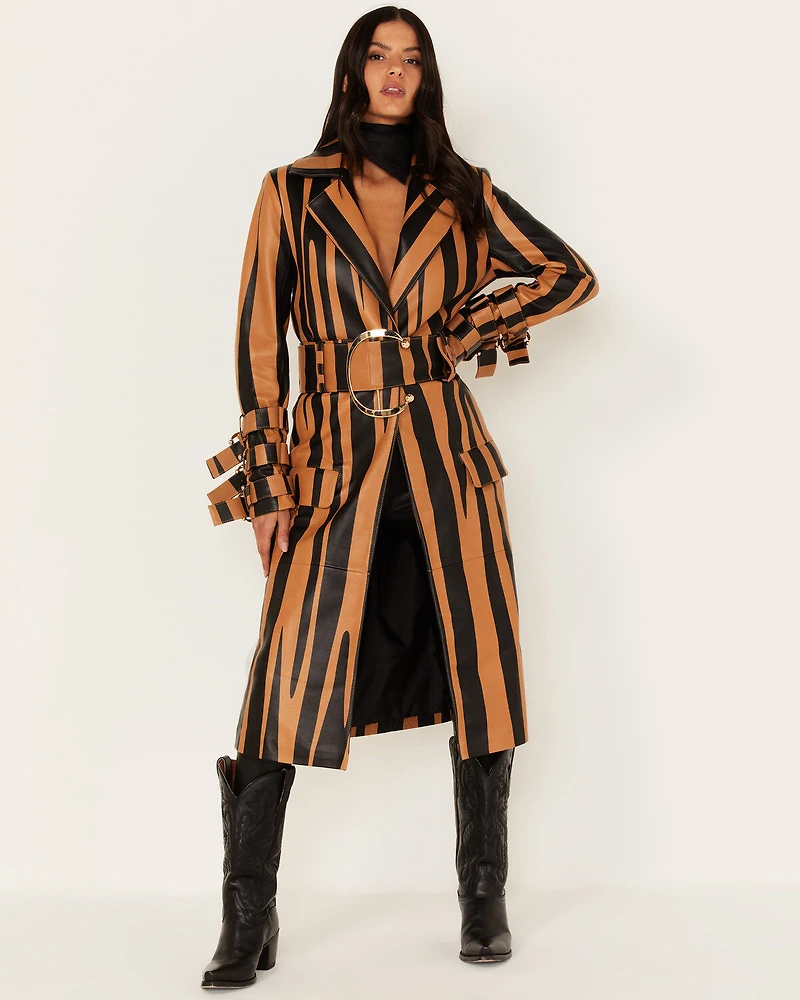DANCASSAB Women's Diana Zebra Stripe Leather Coat
