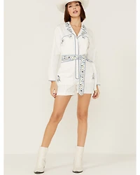 Driftwood Women's Embroidered Floral Shortall Romper