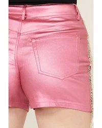 Blue B Women's Mid Rise Coated Rhinestone Fringe Shorts