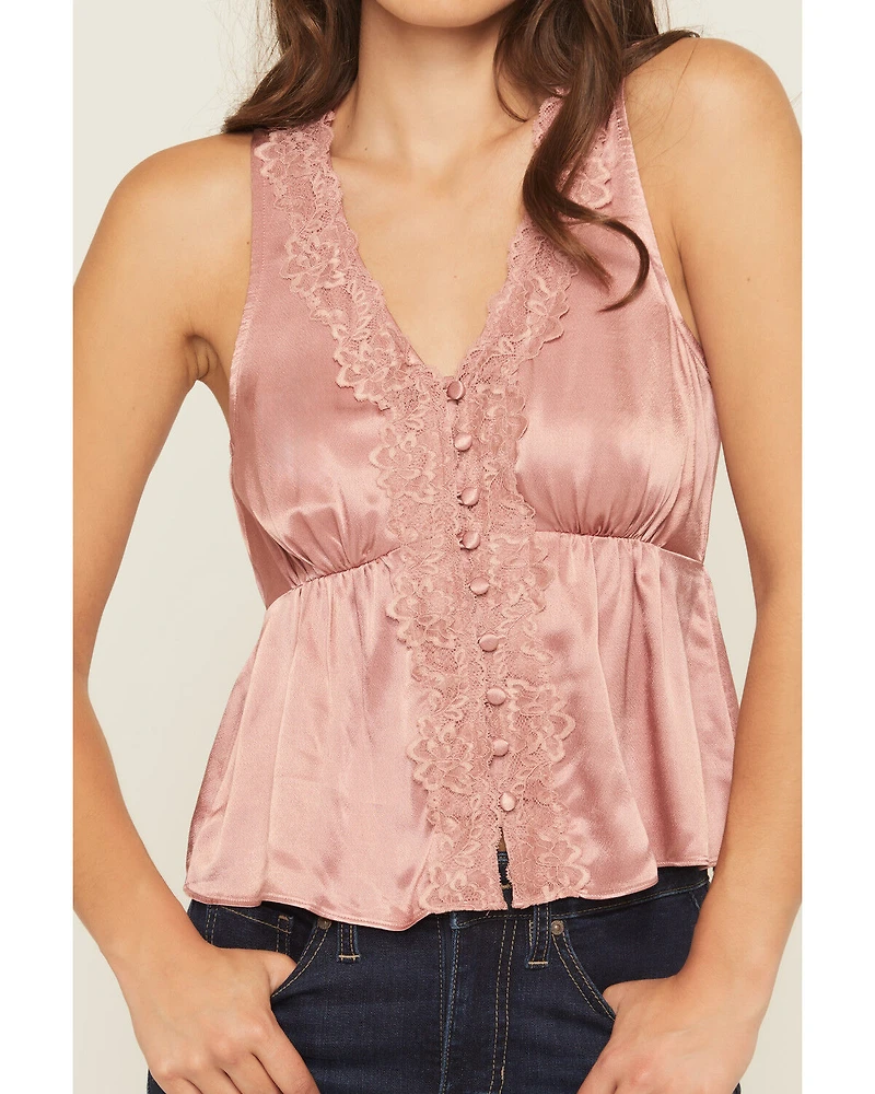 Shyanne Women's Satin Lace Trim Sleeveless Button-Down Tank Top