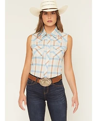 Ely Walker Women's Bow Embroidered Plaid Print Sleeveless Pearl Snap Western Shirt