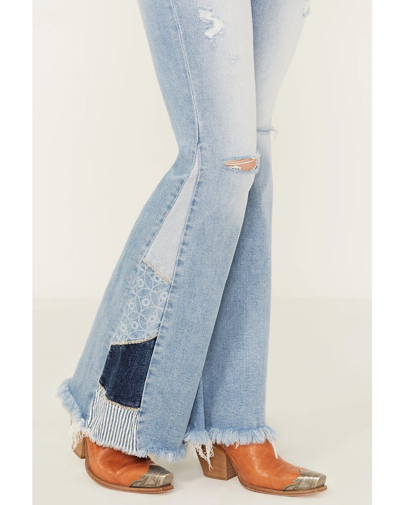 Ceros Women's Light Wash High Rise Destructed Patchwork Flare Stretch Jeans