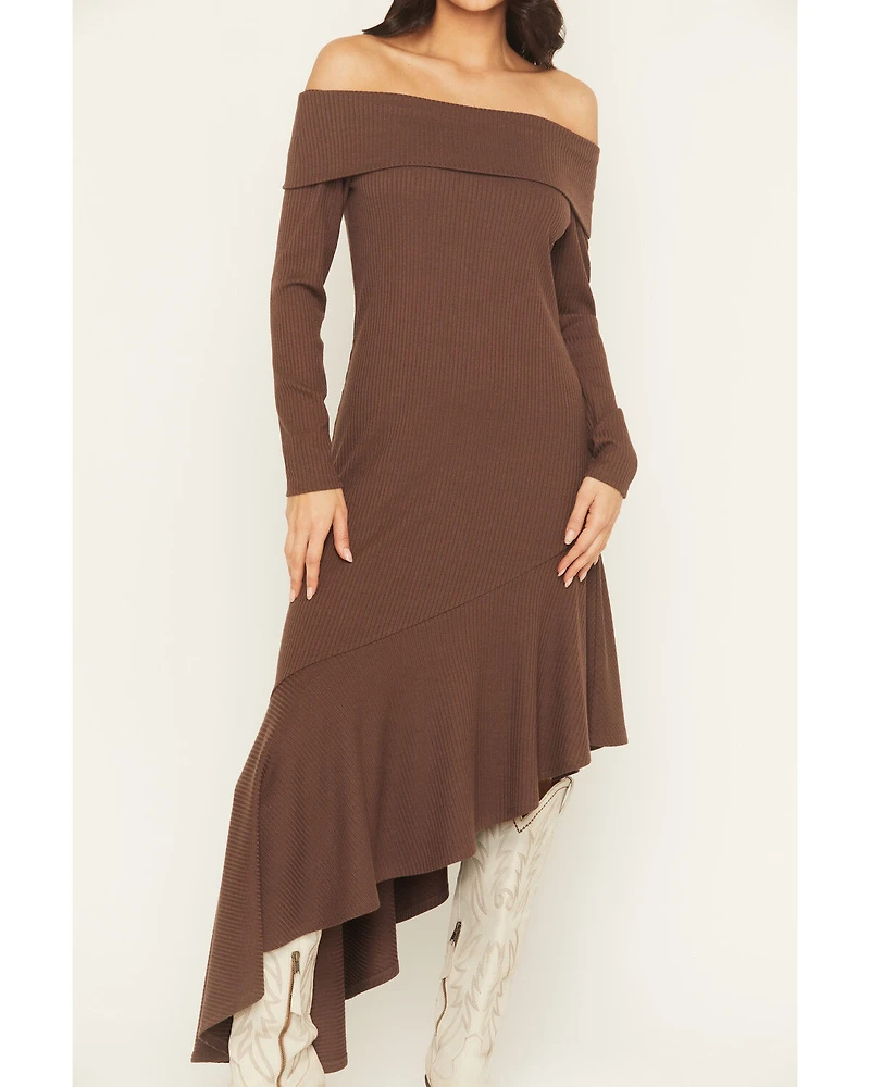 Shyanne Women's Rib Knit Off The Shoulder Long Sleeve Asymmetrical Dress