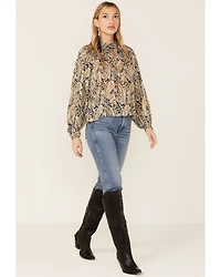 Revel Women's Paisley Print Long Sleeve Woven Chiffon Peasant Top