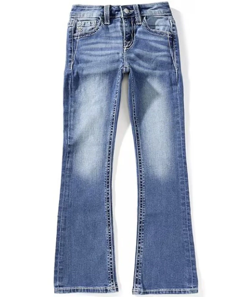 Miss Me Girls' Medium Wash Fleur de Lis Pocket Bootcut Denim Jeans