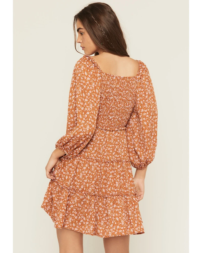 Yura Women's Floral Print Long Sleeve Smocked Mini Dress