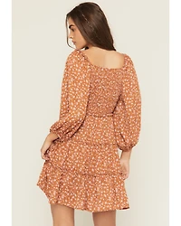 Yura Women's Floral Print Long Sleeve Smocked Mini Dress