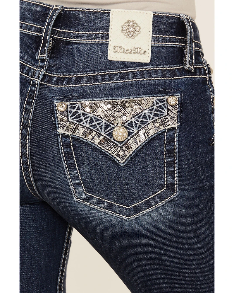 Miss Me Women's Dark Wash Mid Rise Faux Flap Pocket 30" Bootcut Stretch Denim Jeans