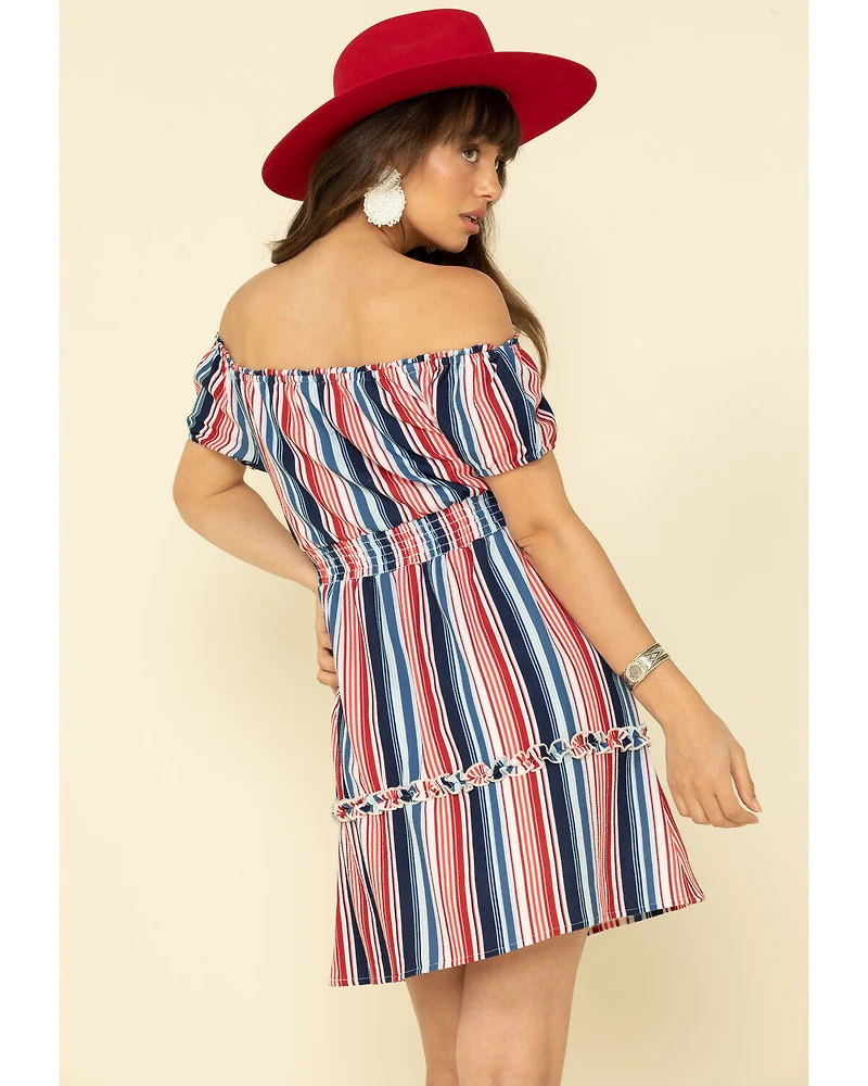 Rock & Roll Denim Women's Stripe Off The Shoulder Mini Dress