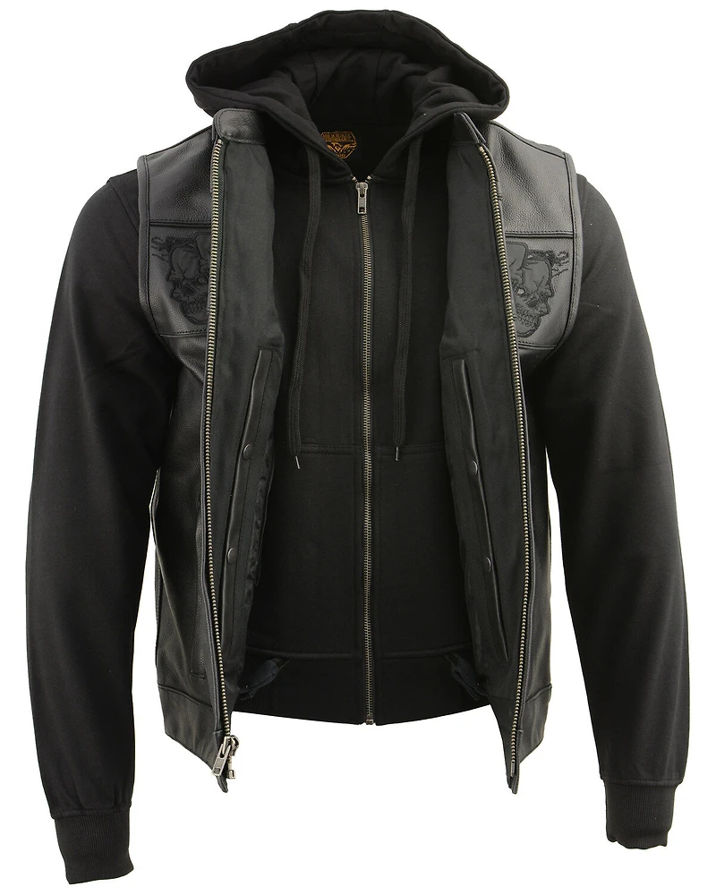 Milwaukee Leather Men's Concealed Carry Vest with Reflective Skulls and Removeable Hoodie