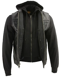 Milwaukee Leather Men's Concealed Carry Vest with Reflective Skulls and Removeable Hoodie