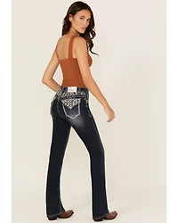 Grace LA Women's Dark Wash Floral Paisley Embroidered Mid Rise Bootcut Stretch Denim Jeans