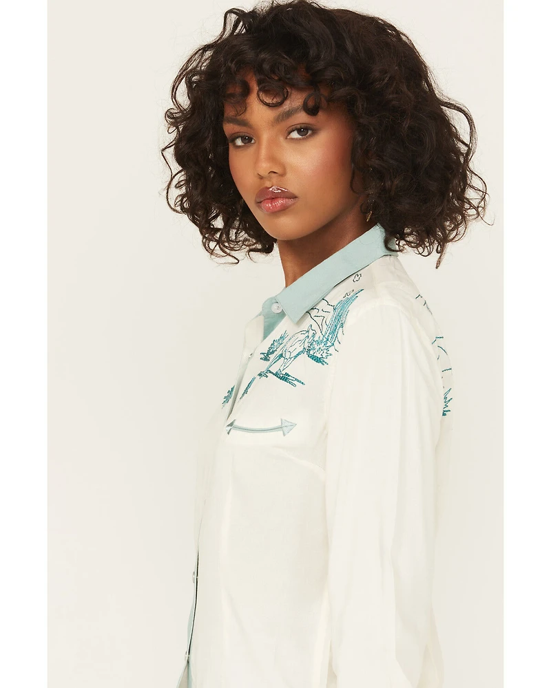 Panhandle Women's Retro Roping Cowgirl Embroidered Long Sleeve Pearl Snap Western Shirt
