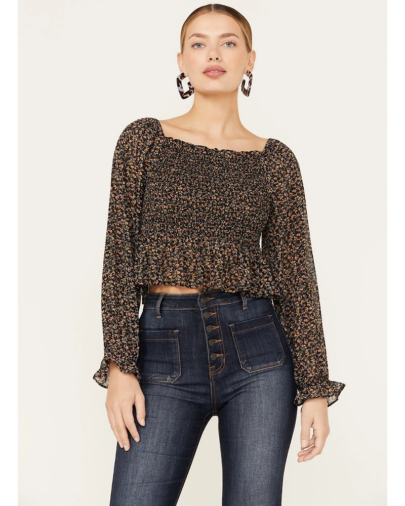 Beyond The Radar Women's Floral Smocked Off Shoulder Woven Long Sleeve Top