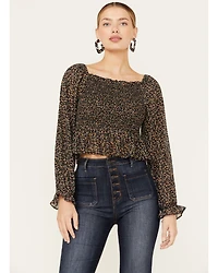 Beyond The Radar Women's Floral Smocked Off Shoulder Woven Long Sleeve Top