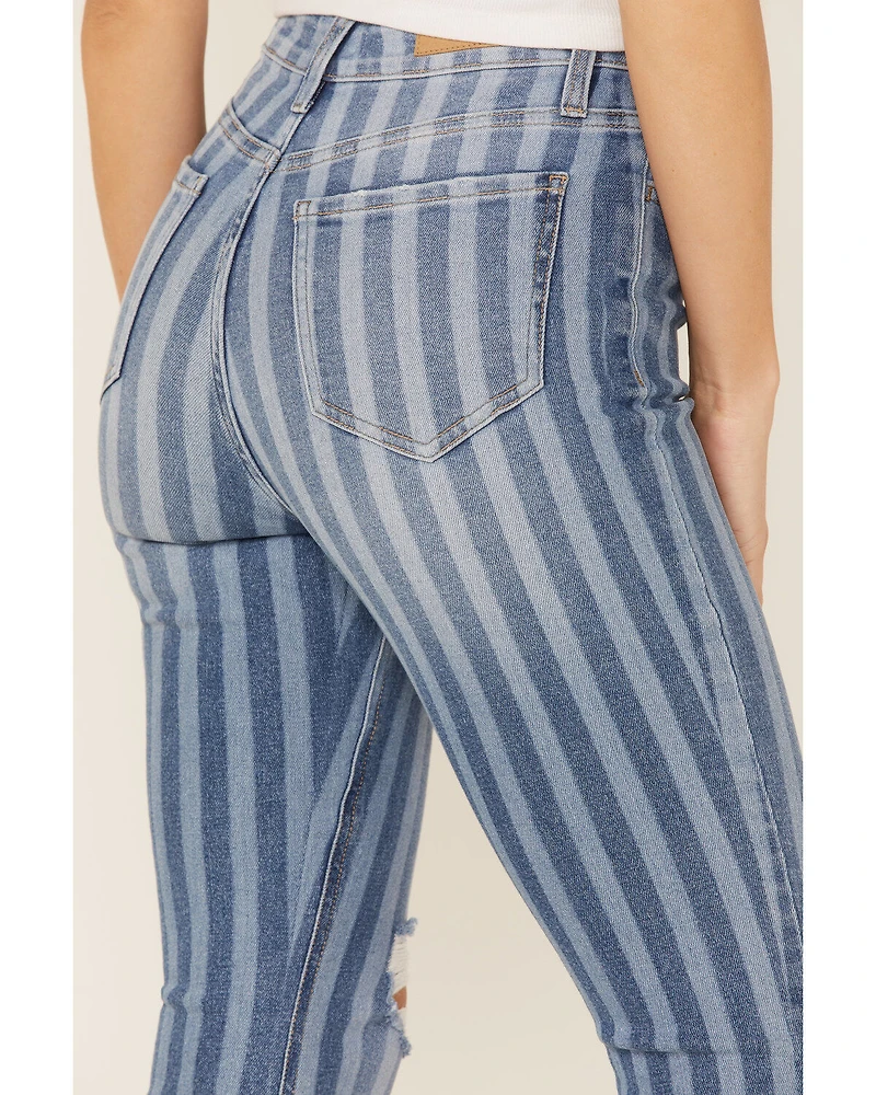 Cello Women's Stripe Destruction Flare Jeans