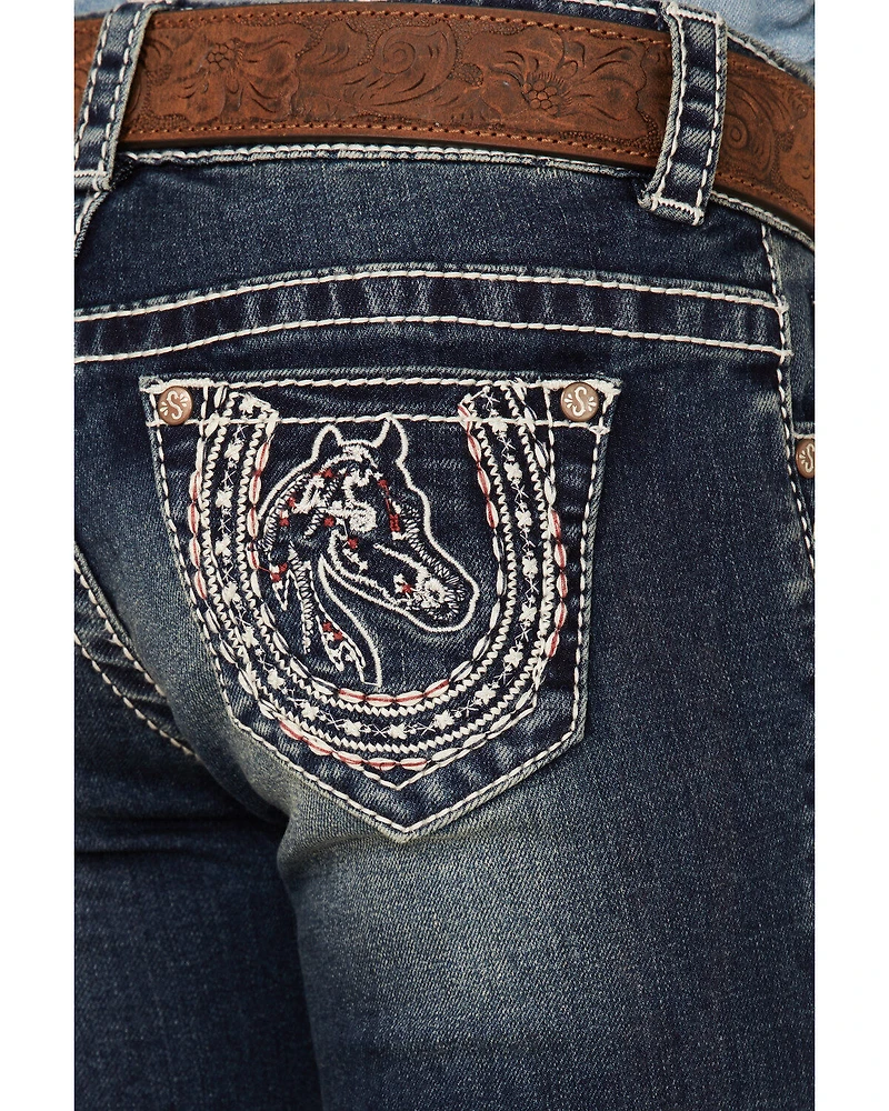Shyanne Little Girls' Horse & Horseshoe Dark Wash Embroidered Bootcut Jeans