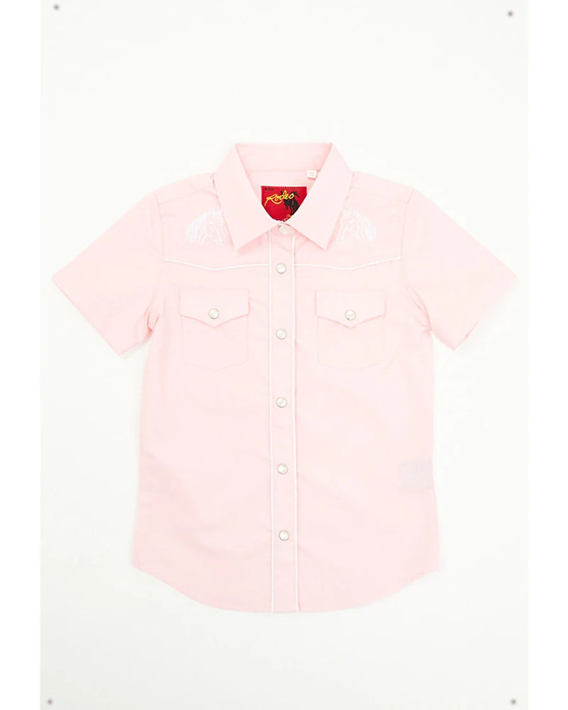 Rodeo Clothing Girls' Horse Embroidered Short Sleeve Pearl Snap Western Shirt