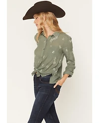 June & Hudson Women's Western Embroidered 3/4 Sleeve Button-Down Shirt