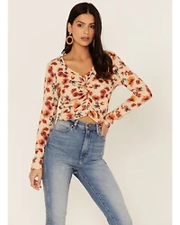 Wild Moss Women's Rust Long Sleeve Floral Button Cinch Front Knit Top