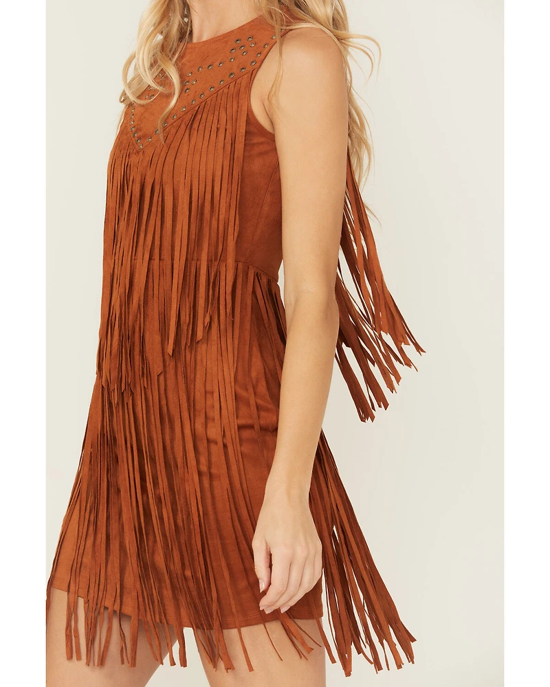 Idyllwind Women's Garland Studded Fringe Faux Suede Sleeveless Mini Dress