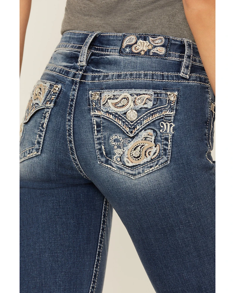 Miss Me Women's Dark Wash Mid Rise Paisley Pocket 34" Bootcut Stretch Denim Jeans