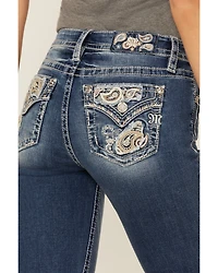 Miss Me Women's Dark Wash Mid Rise Paisley Pocket 34" Bootcut Stretch Denim Jeans