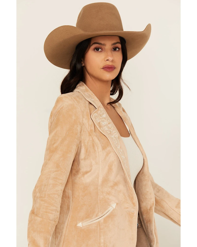Panhandle Women's Faux Suede Floral Embroidered Blazer