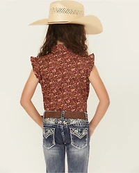 Shyanne Girls' Ditsy Floral Print Ruffle Sleeve Snap Stretch Western Shirt