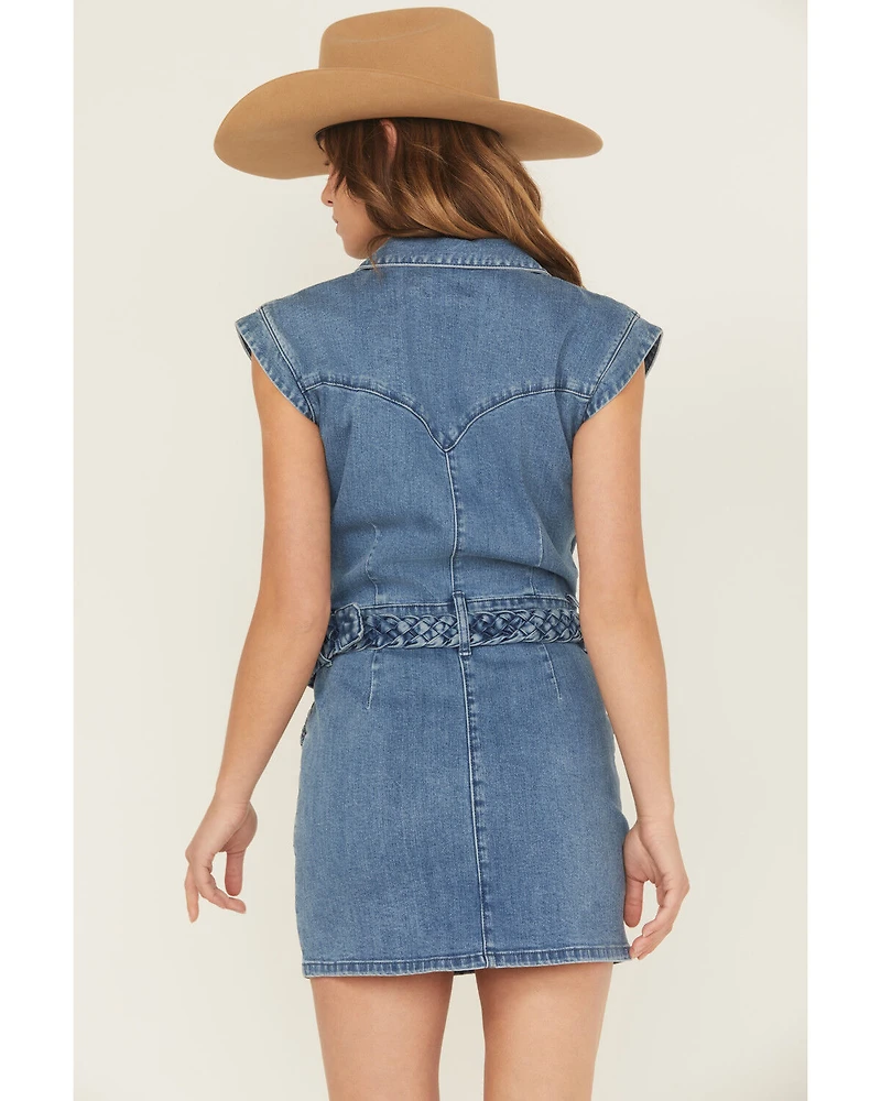 Rock & Roll Denim Women's Medium Wash Braided Short Sleeve Mini Dress