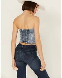 Vibrant Denim Women's Medium Wash Button Up Floral Corset