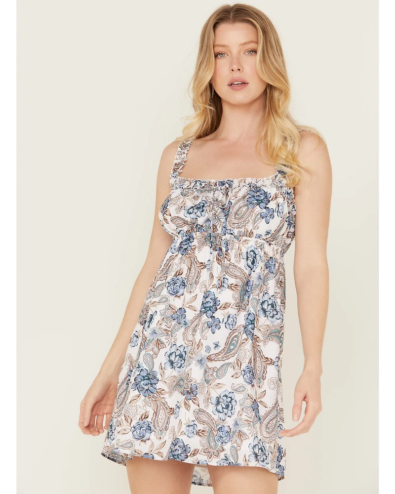 Wild Moss Women's Ruffle Trim Floral Print Mini Dress