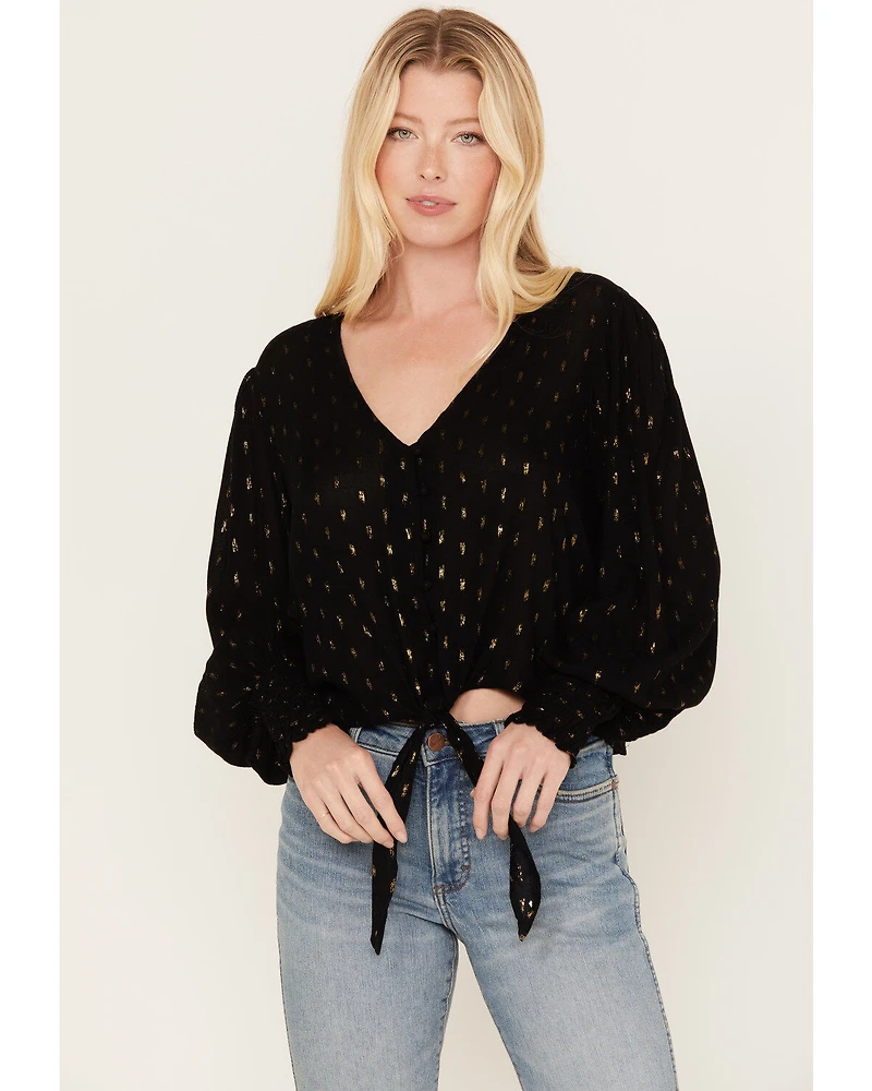 Wrangler Retro Women's Tie Front Poet Sleeve Cropped Blouse