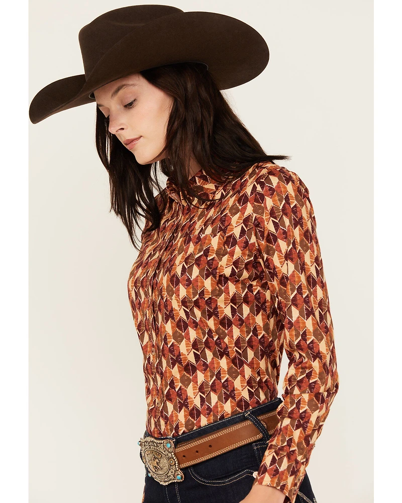 Shyanne Women's Diamond Printed Long Sleeve Button-Down Stretch Western Riding Shirt