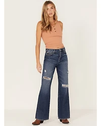 Cleo + Wolf Women's Medium Wash High Rise Patchwork Distressed Straight Jeans