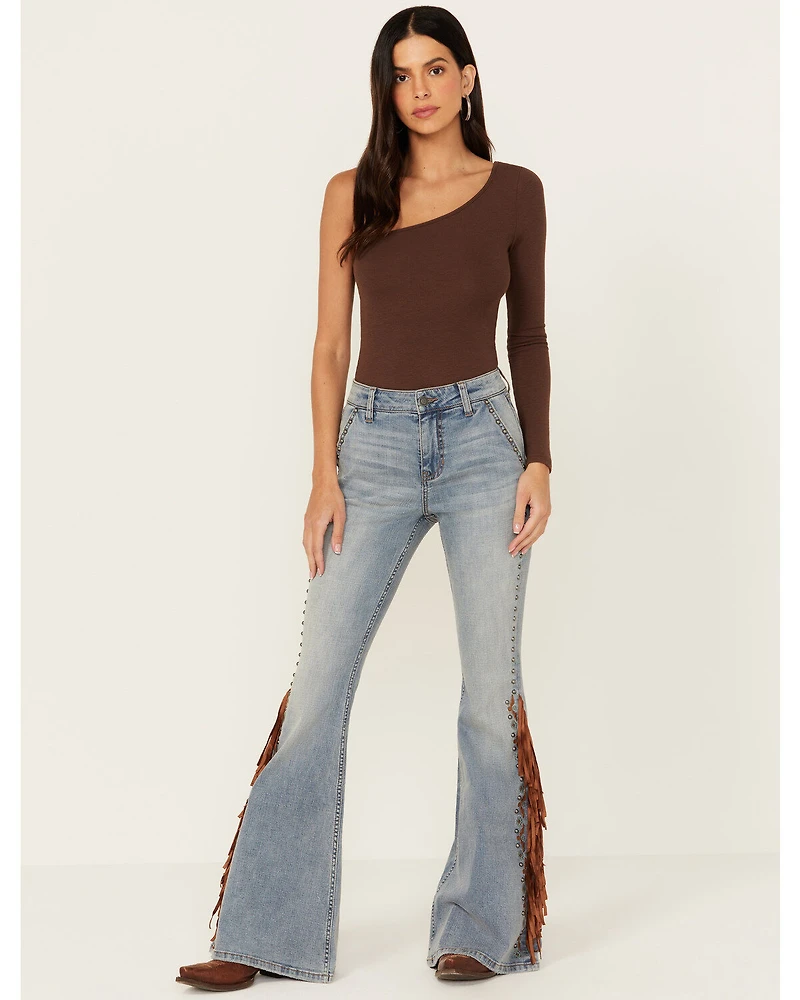 Shyanne Women's Tansy Medium Wash High Rise Fringe Stretch Flare Jeans