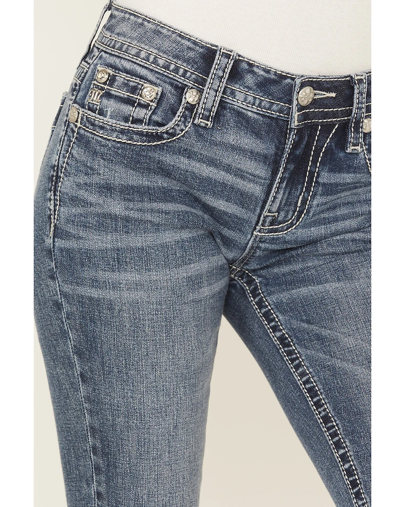 Miss Me Women's Medium Wash Mid Rise 32" Bootcut Floral Pocket Stretch Denim Jeans