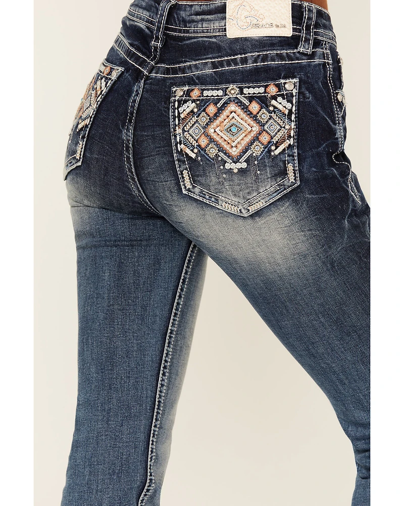 Grace LA Women's Medium Wash Geo Print Embroidered Mid Rise Bootcut Stretch Denim Jeans