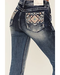 Grace LA Women's Medium Wash Geo Print Embroidered Mid Rise Bootcut Stretch Denim Jeans