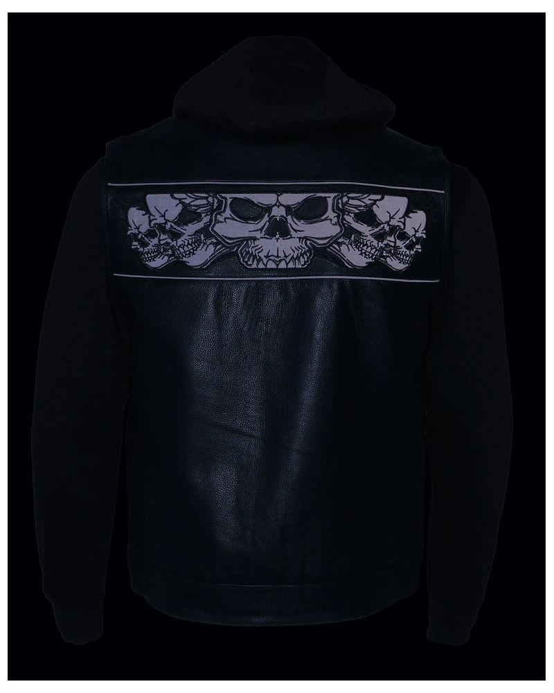 Milwaukee Leather Men's Concealed Carry Vest with Reflective Skulls and Removeable Hoodie