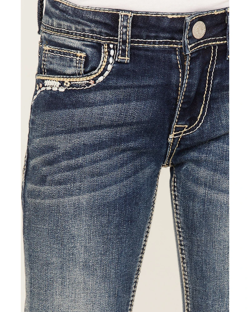 Grace LA Girls' Medium Wash Mid Rise Embroidered Cactus Bootcut Jeans