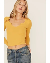 Wild Moss Women's Solid Long Sleeve Raw Edge Ribbed Knit Top