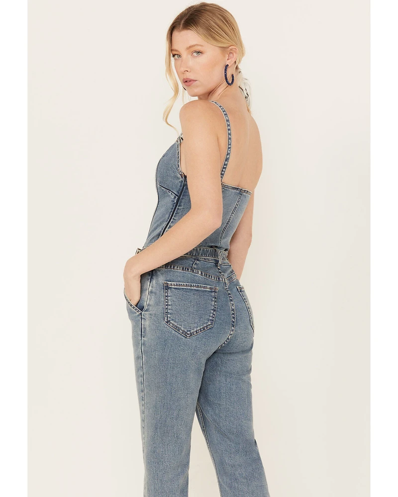 Rock & Roll Denim Women's Medium Wash Straight Leg Stretch Jumpsuit